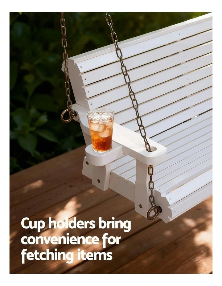 Porch Outdoor Swing Chair With Cup Holder Wooden Furniture 2 Seater in White image 6