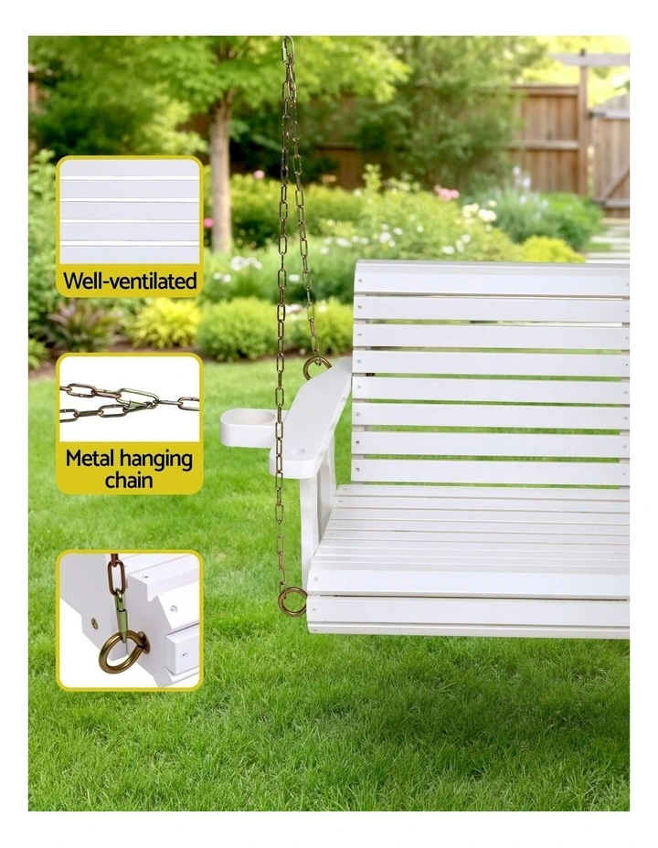 Porch Outdoor Swing Chair With Cup Holder Wooden Furniture 2 Seater in White image 7