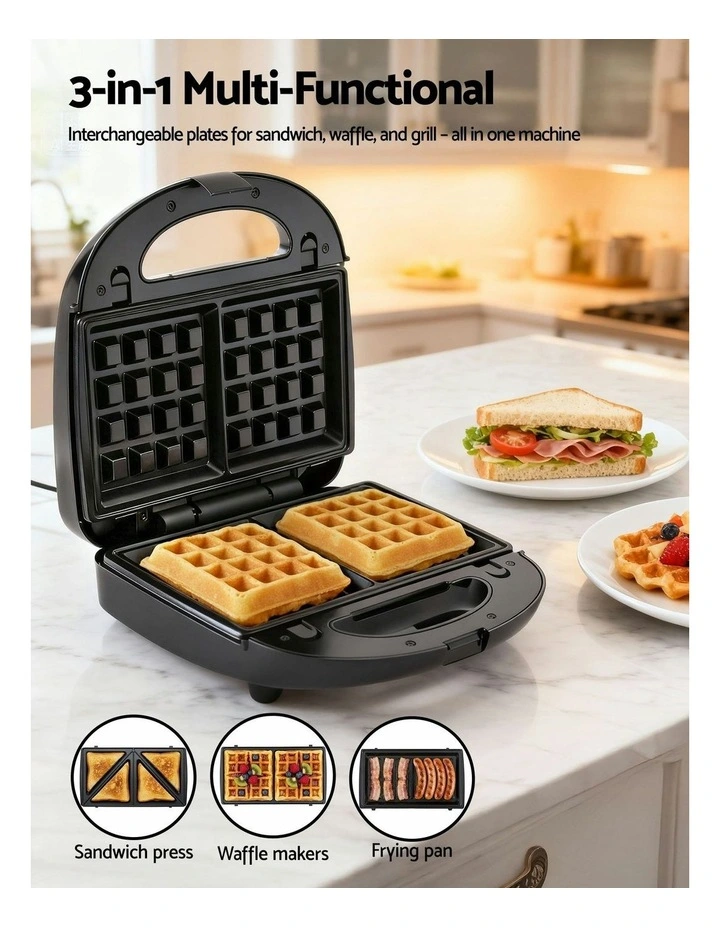 3 in 1 Sandwich Press Waffle Maker Grill 850W in Black image 4