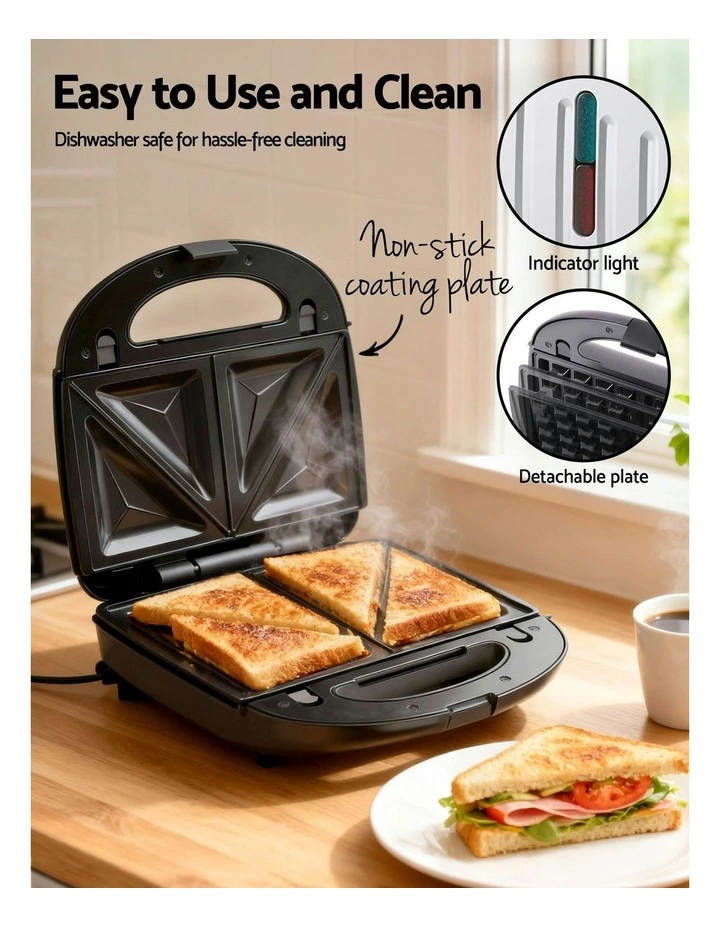 3 in 1 Sandwich Press Waffle Maker Grill 850W in Black image 6
