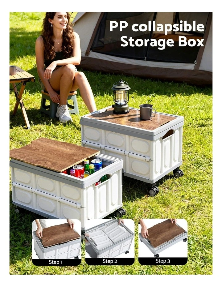 Stackable Folding Collapsible Outdoor Storage Box 54L in Beige image 5