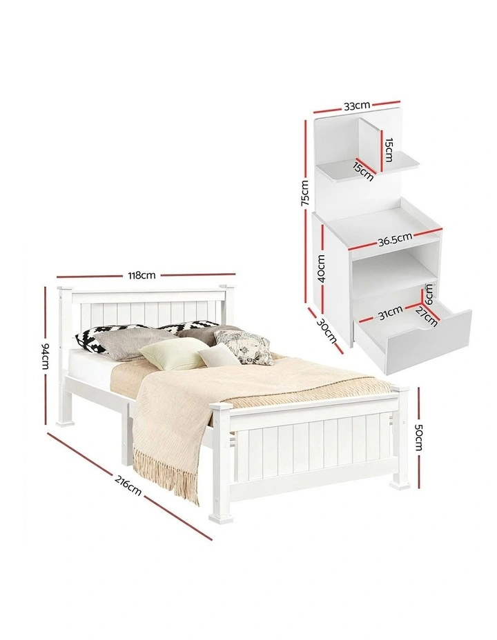King Single Bed Frame And Bedside Table in White image 3