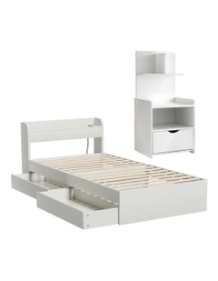 Single Bed Frame With Charging Ports And Bedside Table in White