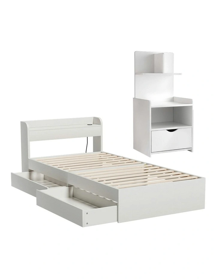 Single Bed Frame With Charging Ports And Bedside Table in White image 1