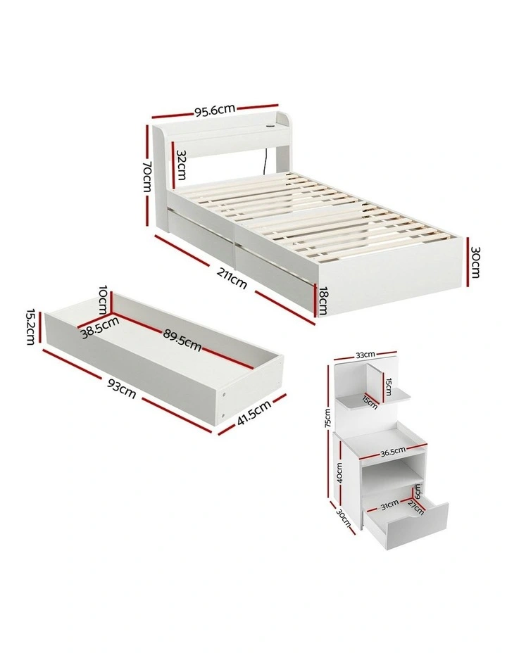 Single Bed Frame With Charging Ports And Bedside Table in White image 3