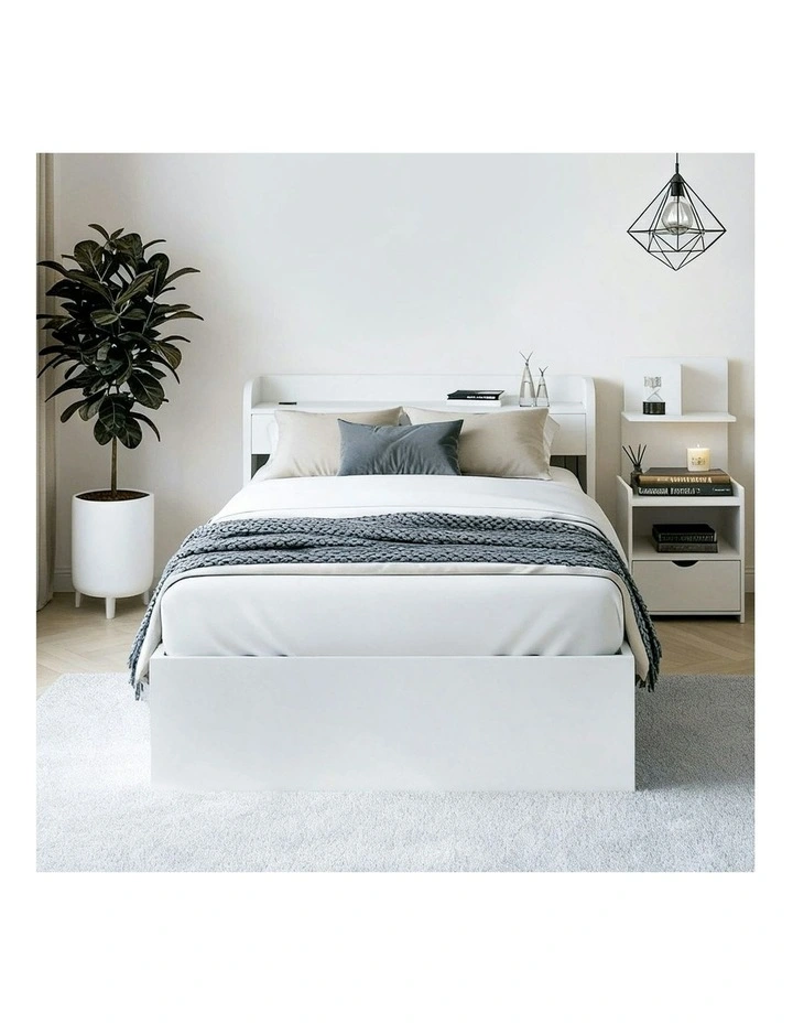 Single Bed Frame With Charging Ports And Bedside Table in White image 5