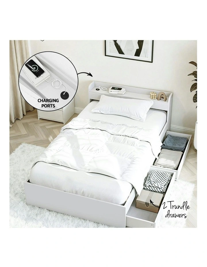 Single Bed Frame With Charging Ports And Bedside Table in White image 6
