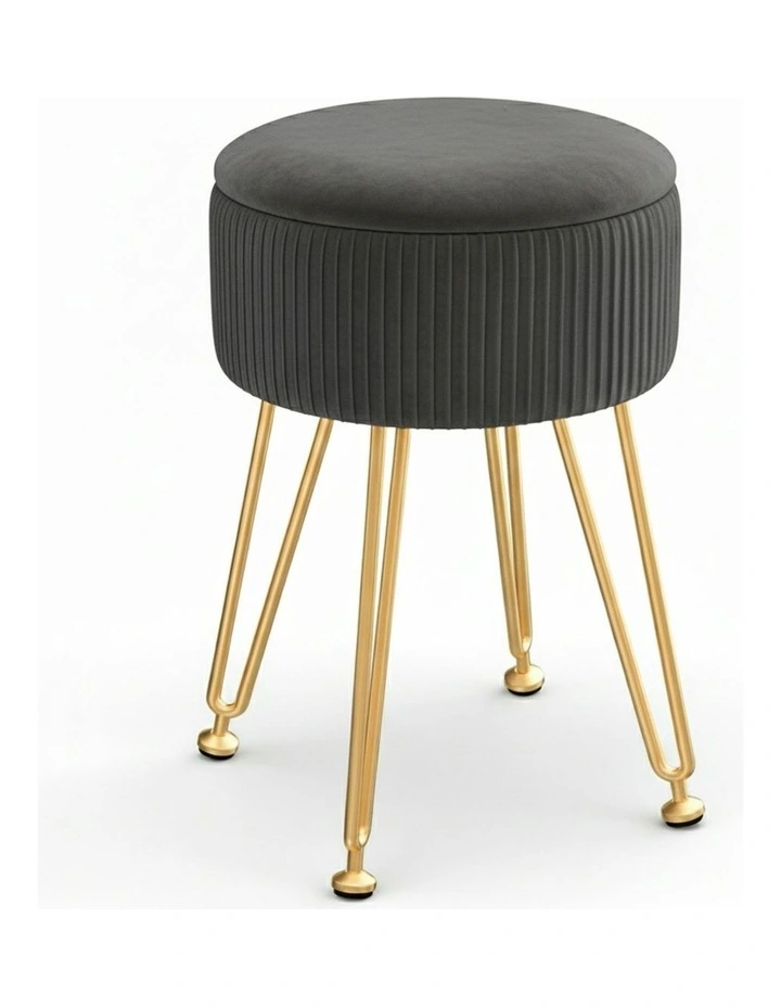 Ottoman Storage Vanity Velvet Round Foot Stool in Grey image 1