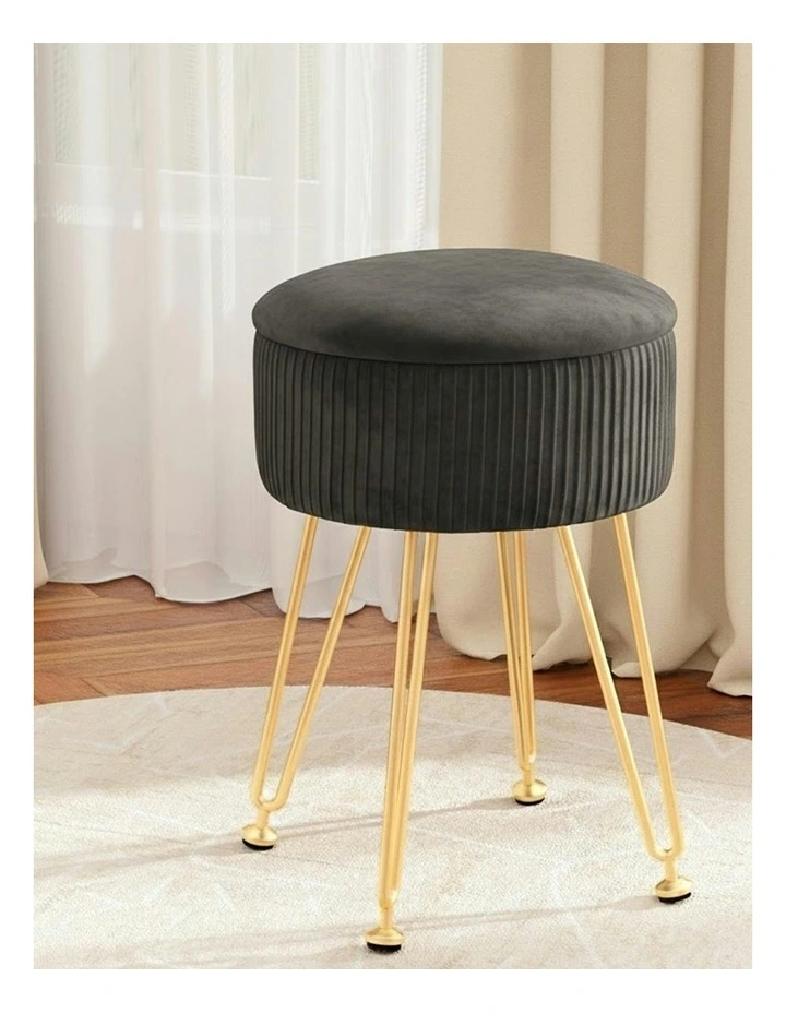 Ottoman Storage Vanity Velvet Round Foot Stool in Grey image 3