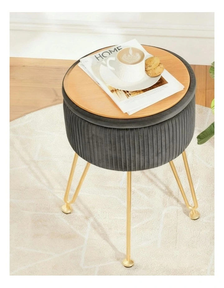 Ottoman Storage Vanity Velvet Round Foot Stool in Grey image 5