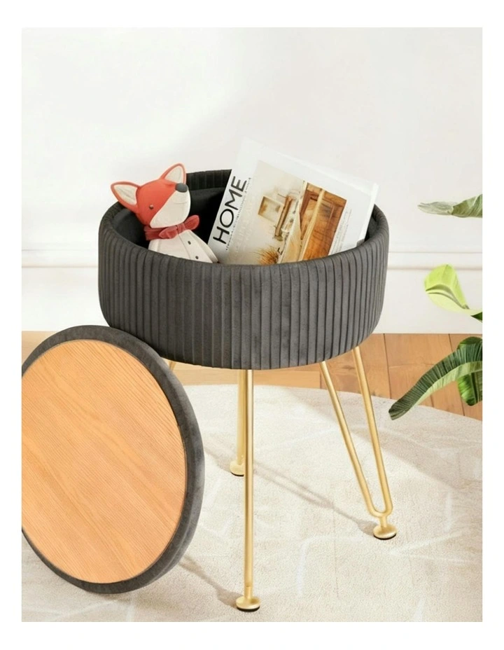 Ottoman Storage Vanity Velvet Round Foot Stool in Grey image 6