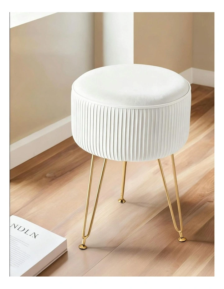 Ottoman Vanity Velvet Round Foot Stool in White image 5