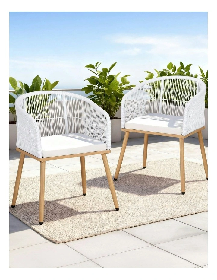 Wicker Patio Garden Steel Outdoor Dining Chairs 2 Pieces in White image 3