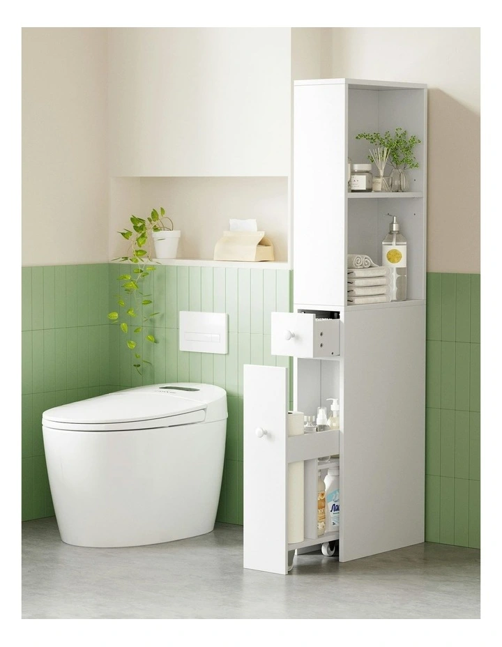 Bathroom Cabinet Storage Slim Organizer Drawer Toilet Corner 135cm in White image 3