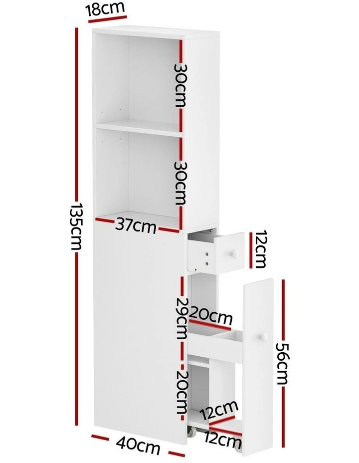 Bathroom Cabinet Storage Slim Organizer Drawer Toilet Corner 135cm in White image 4