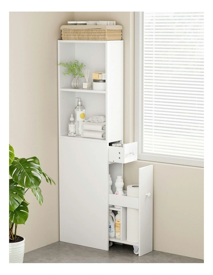Bathroom Cabinet Storage Slim Organizer Drawer Toilet Corner 135cm in White image 6