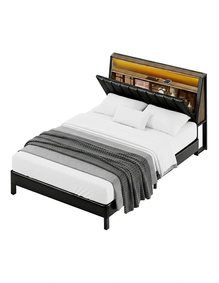 Queen Bed Frame LED Storage Headboard with Charging Station in Black image 1