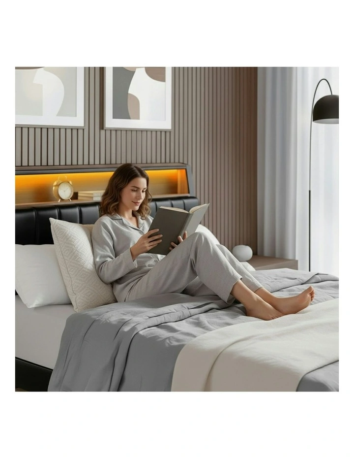 Queen Bed Frame LED Storage Headboard with Charging Station in Black image 3