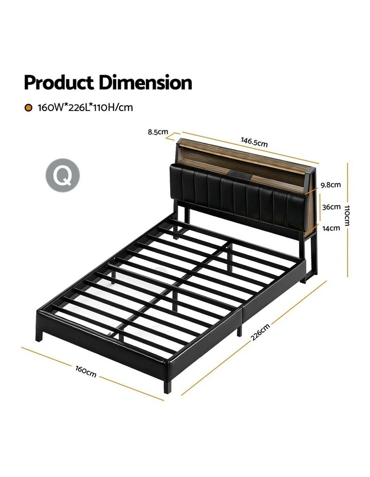 Queen Bed Frame LED Storage Headboard with Charging Station in Black image 4