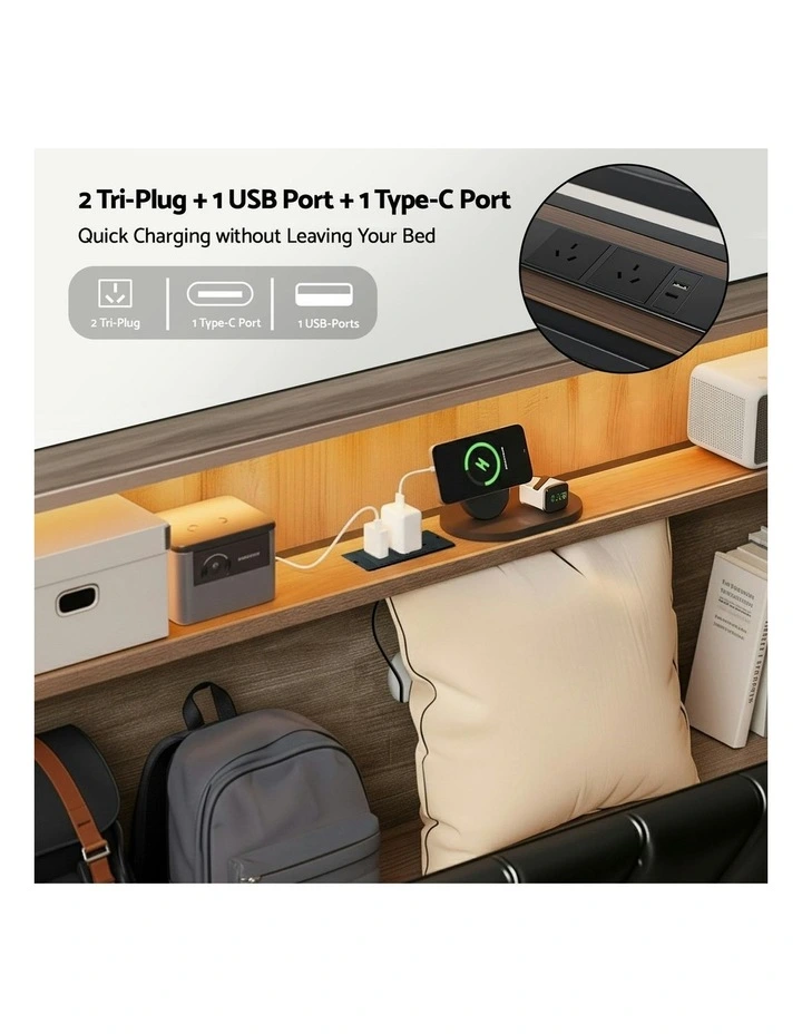 Queen Bed Frame LED Storage Headboard with Charging Station in Black image 5