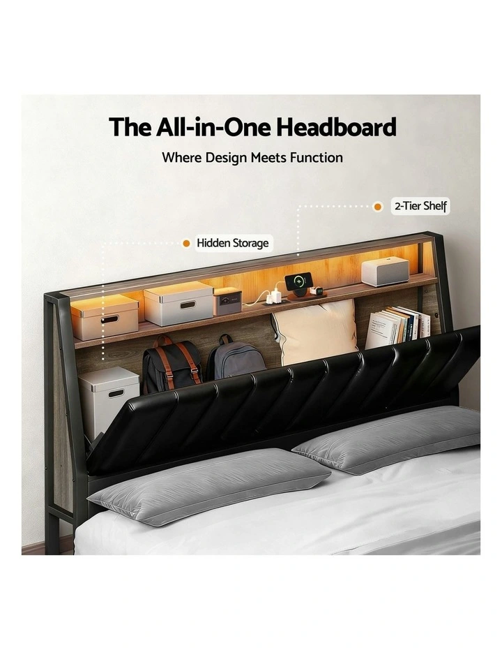 Queen Bed Frame LED Storage Headboard with Charging Station in Black image 6