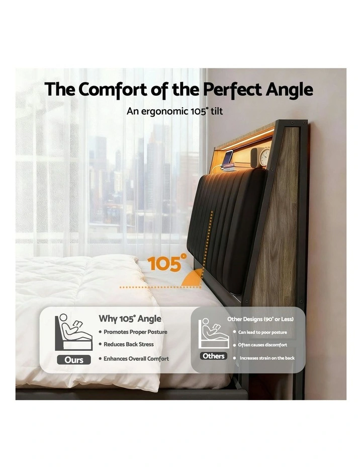 Queen Bed Frame LED Storage Headboard with Charging Station in Black image 7