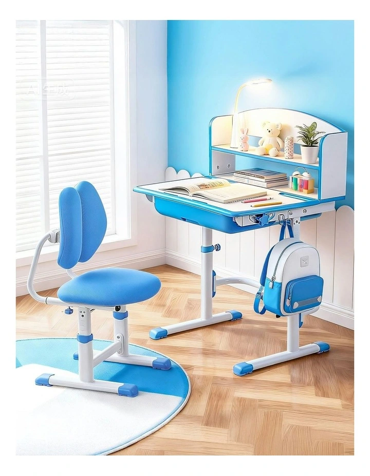 Study Desk Chair Set Adjustable Ergonomic Table Led Lamp in Blue image 3