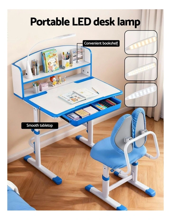 Study Desk Chair Set Adjustable Ergonomic Table Led Lamp in Blue image 5
