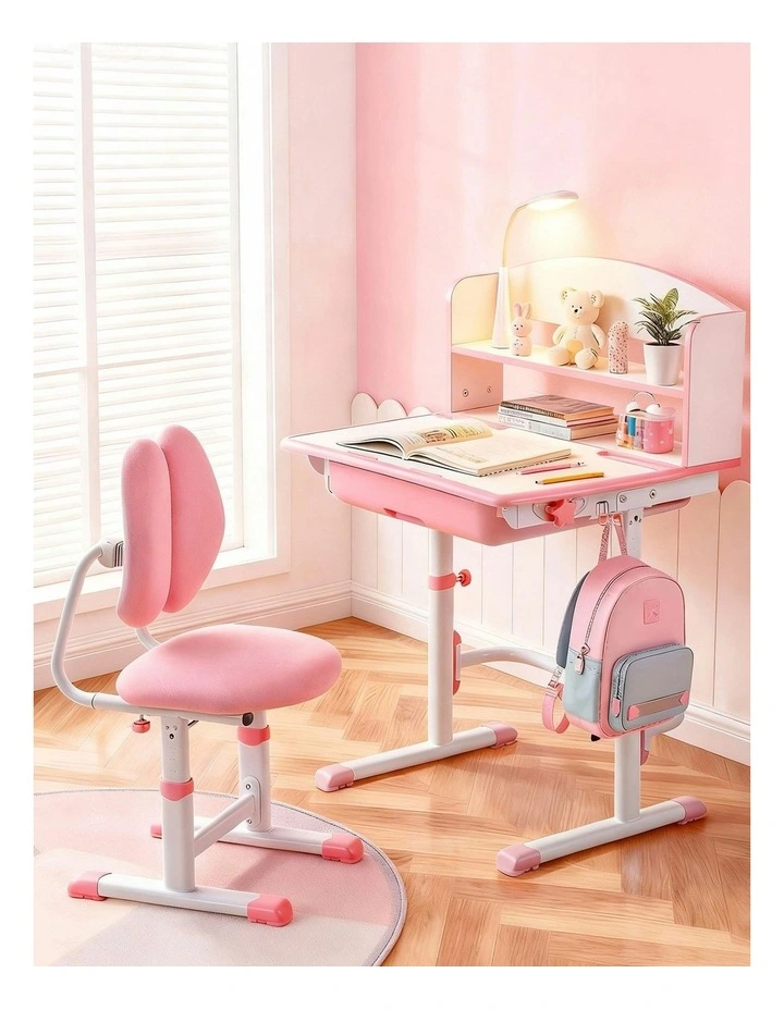Study Desk Chair Set Adjustable Ergonomic Table Led Lamp in Pink image 3