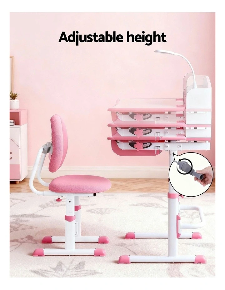 Study Desk Chair Set Adjustable Ergonomic Table Led Lamp in Pink image 4