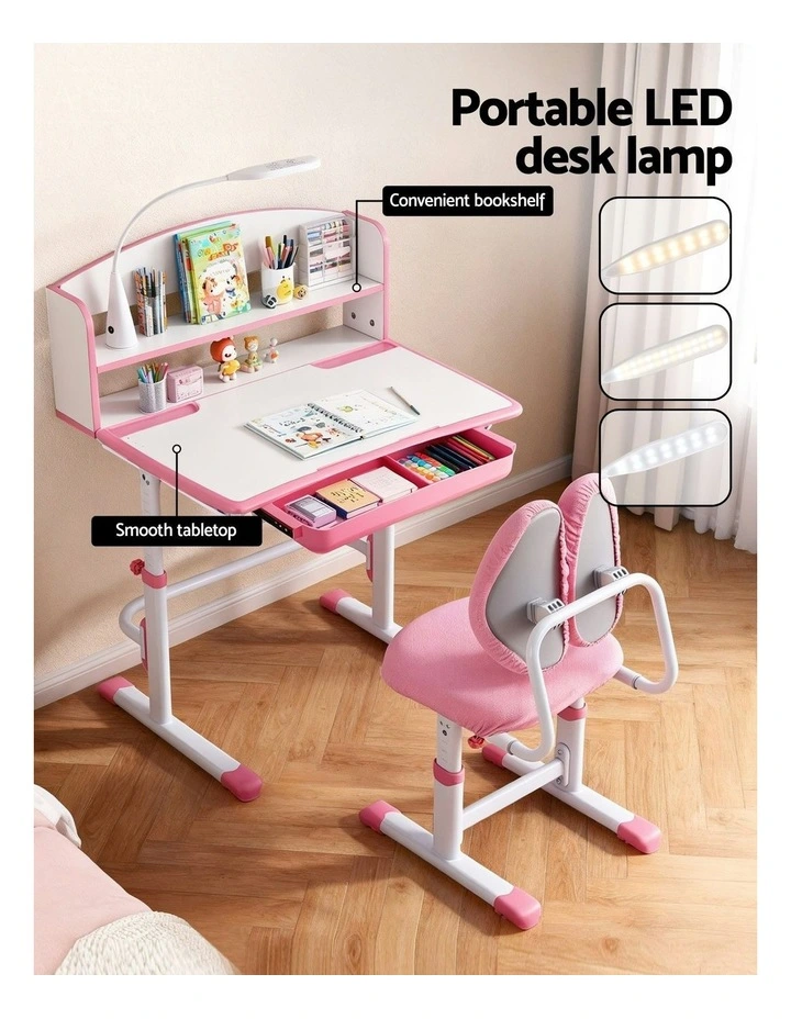Study Desk Chair Set Adjustable Ergonomic Table Led Lamp in Pink image 5