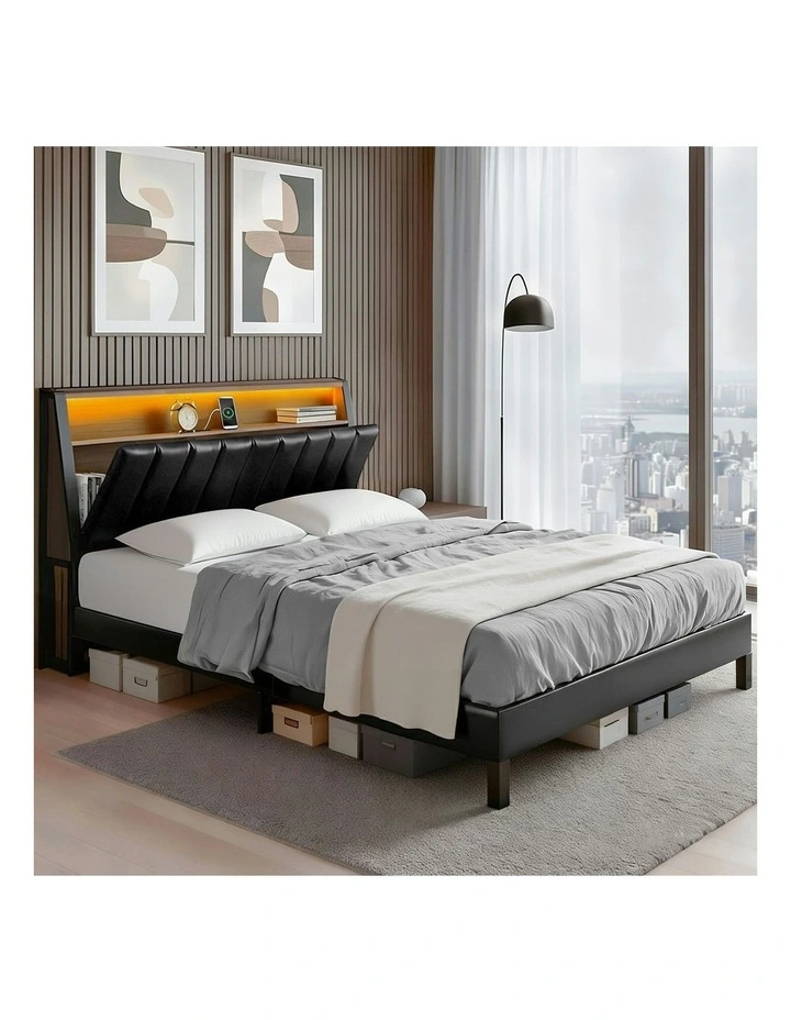 Double Bed Frame LED Storage Headboard With Charging Station in Black image 2