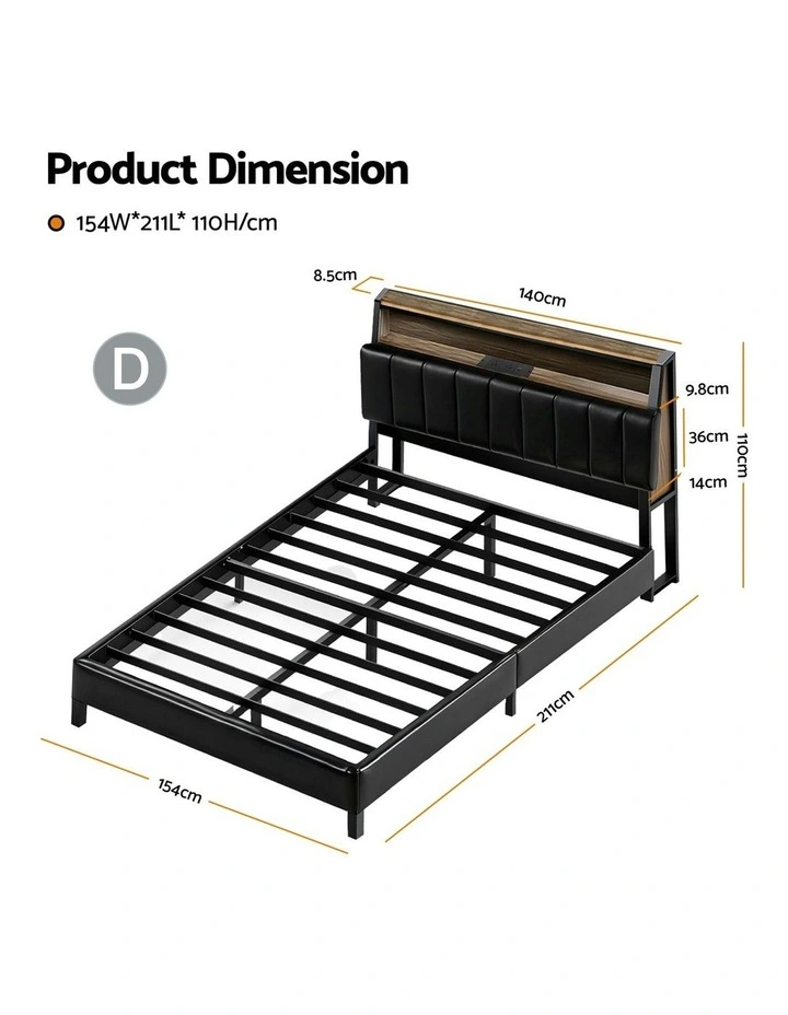 Double Bed Frame LED Storage Headboard With Charging Station in Black image 4