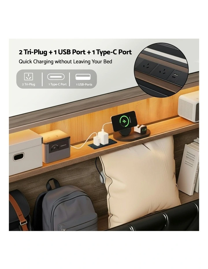Double Bed Frame LED Storage Headboard With Charging Station in Black image 5