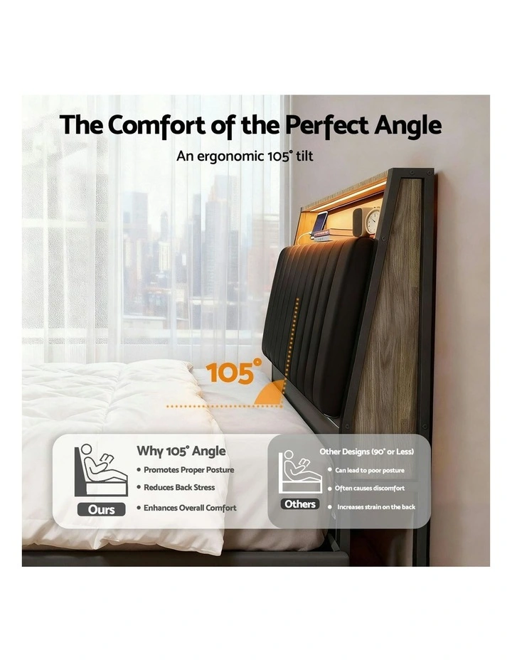 Double Bed Frame LED Storage Headboard With Charging Station in Black image 7