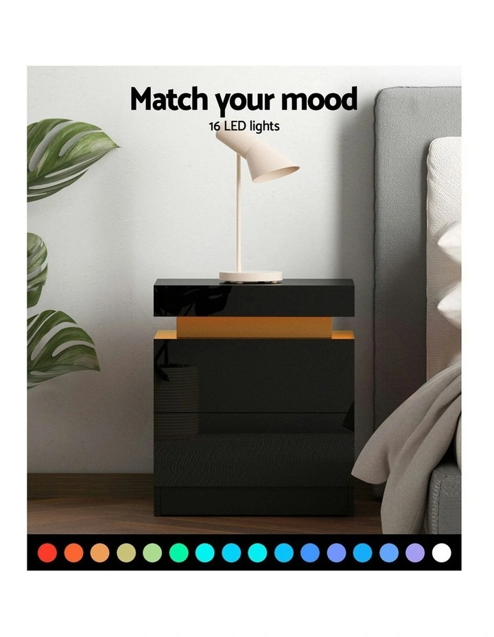 2 Drawers Lift-Up LED Storage Bedside Table Set Of 2 in Coley Black image 6
