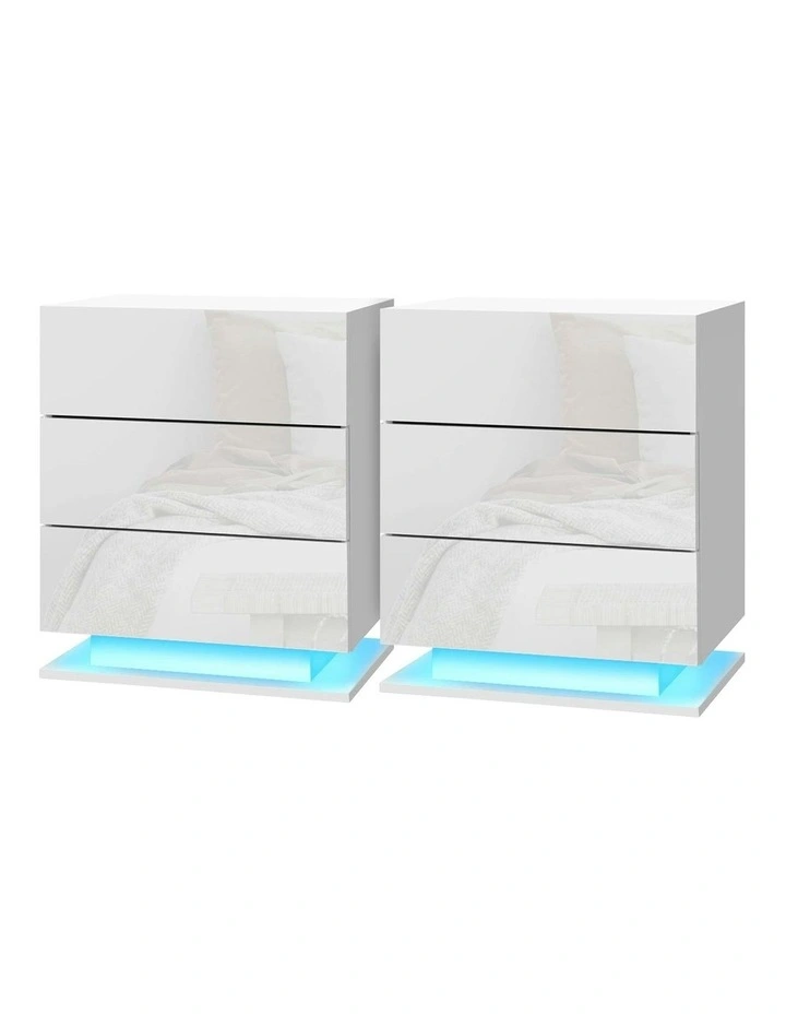 3 Drawers LED Bedside Table Set Of 2 in Mori White image 1