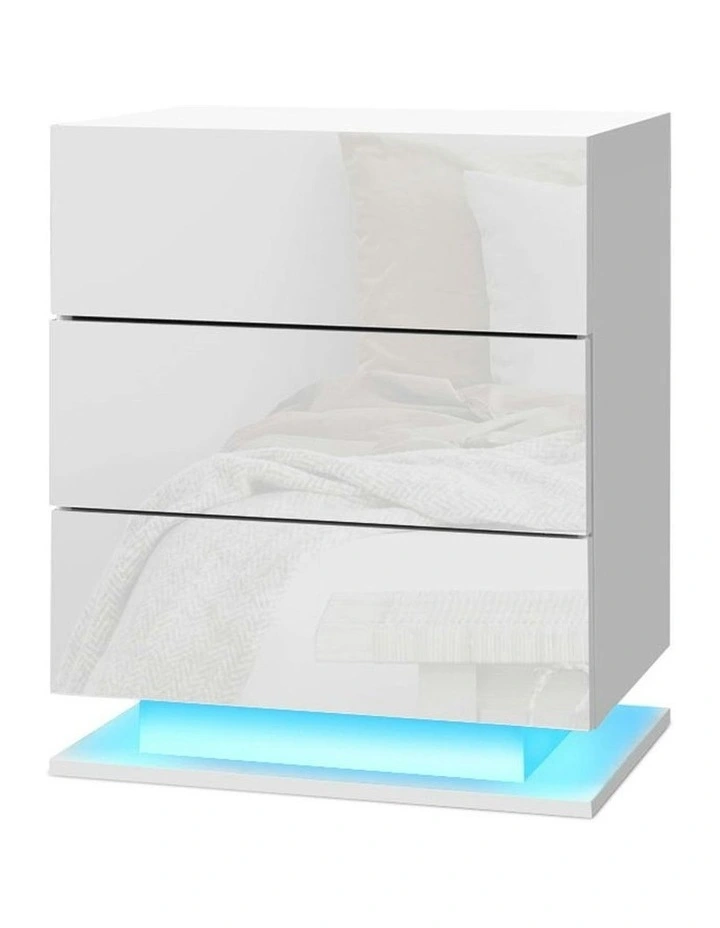 3 Drawers LED Bedside Table Set Of 2 in Mori White image 3