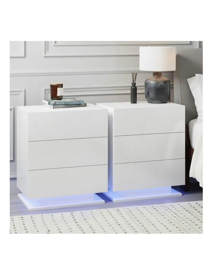 3 Drawers LED Bedside Table Set Of 2 in Mori White image 5