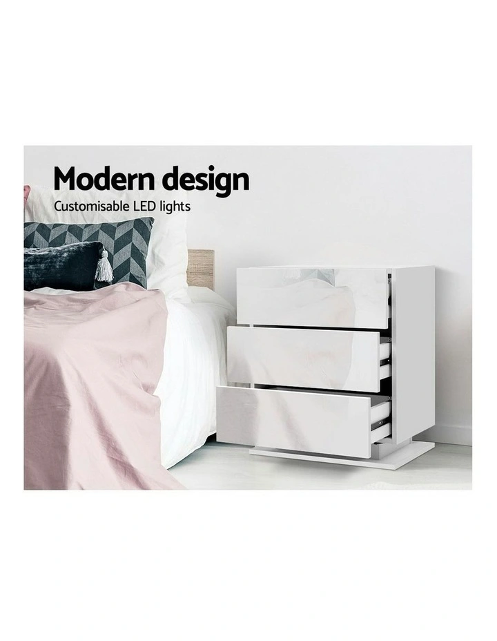 3 Drawers LED Bedside Table Set Of 2 in Mori White image 6