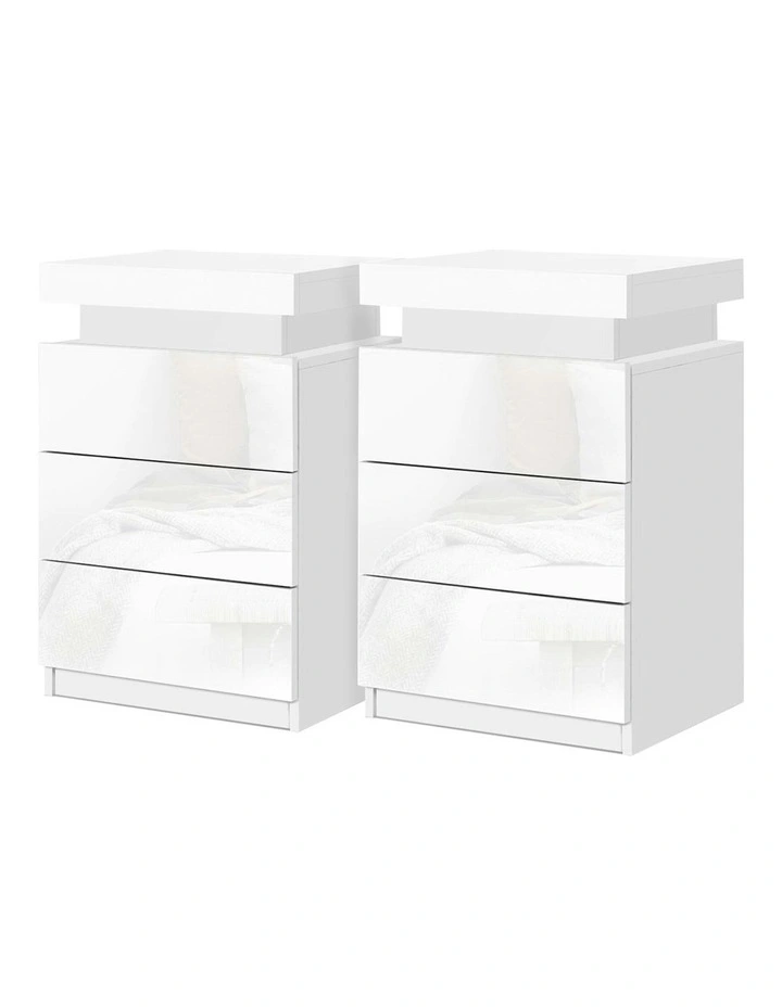 3 Drawers LED Bedside Table Set Of 2 in Coley White image 1