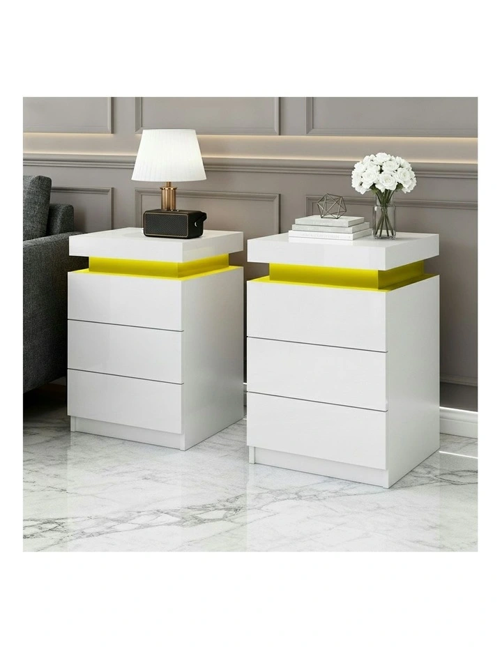 3 Drawers LED Bedside Table Set Of 2 in Coley White image 5