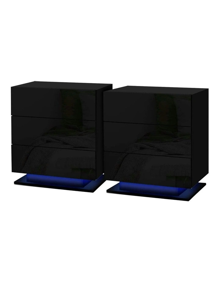 3 Drawers LED Bedside Table Set Of 2 in Mori Black image 1