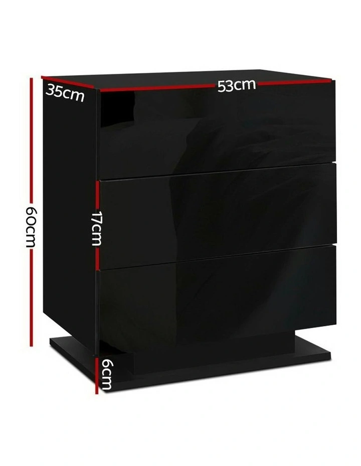 3 Drawers LED Bedside Table Set Of 2 in Mori Black image 2