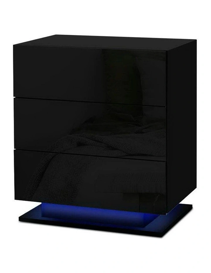 3 Drawers LED Bedside Table Set Of 2 in Mori Black image 3
