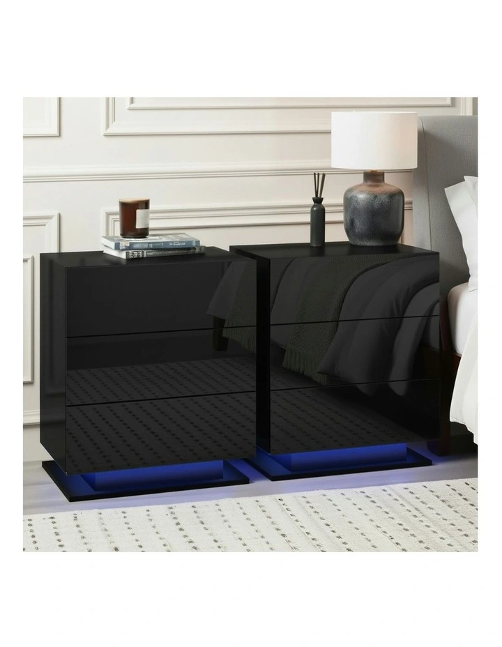 3 Drawers LED Bedside Table Set Of 2 in Mori Black image 5