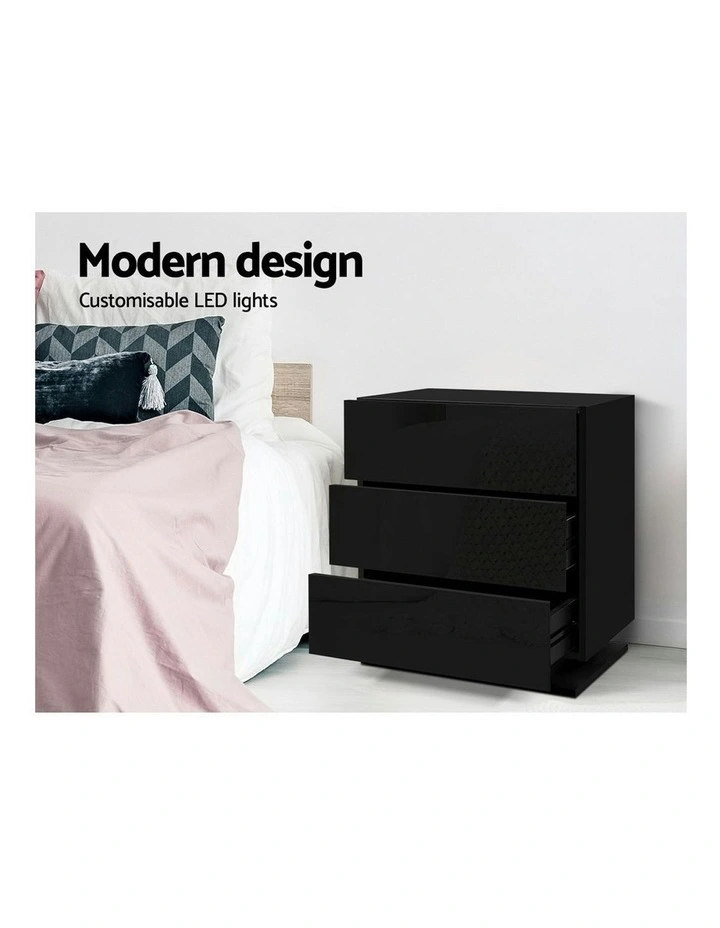 3 Drawers LED Bedside Table Set Of 2 in Mori Black image 6