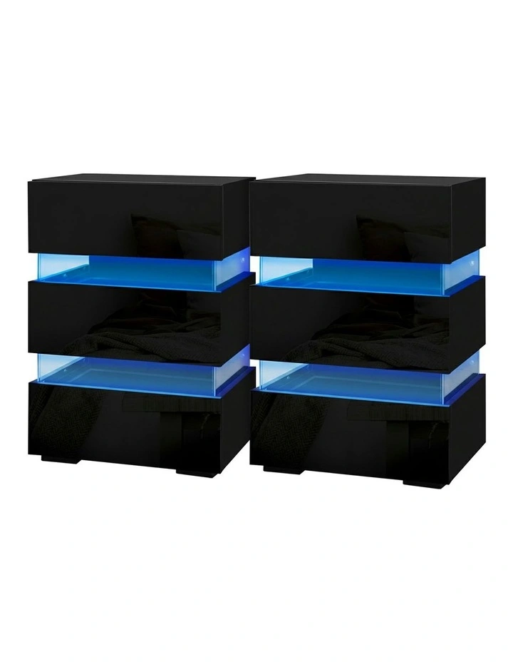 3 Drawers LED Bedside Table Set Of 2 in Lumi Black image 1