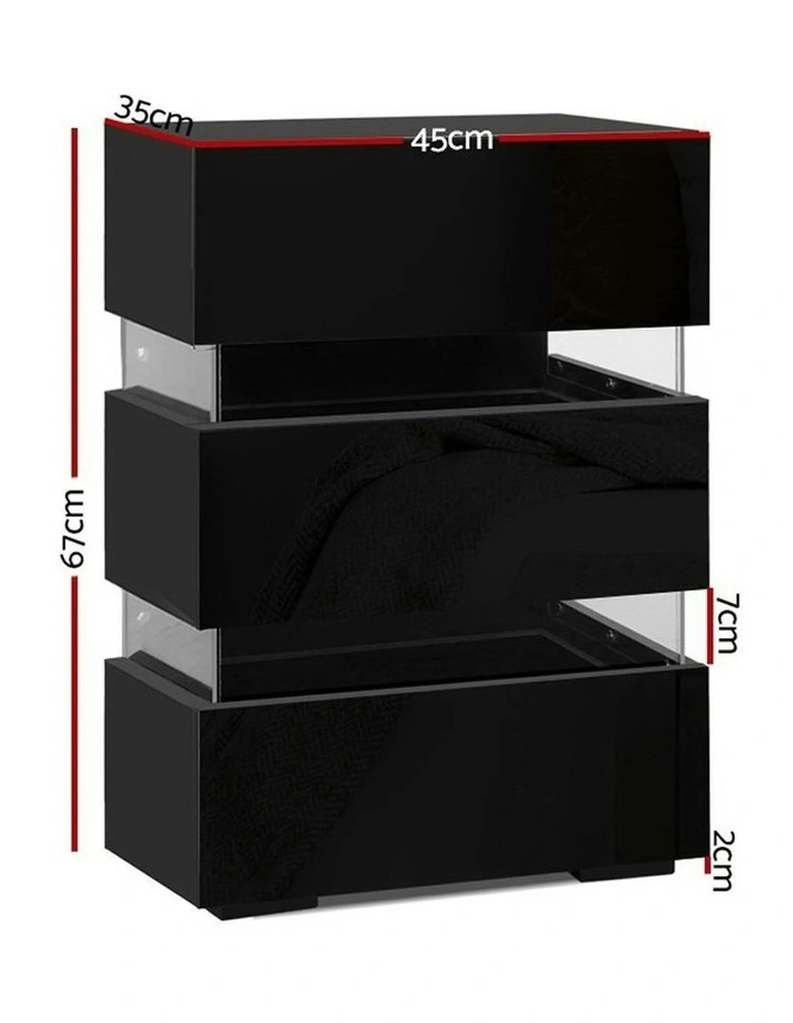 3 Drawers LED Bedside Table Set Of 2 in Lumi Black image 2