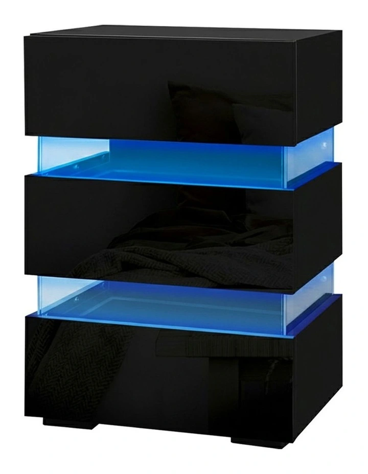 3 Drawers LED Bedside Table Set Of 2 in Lumi Black image 3